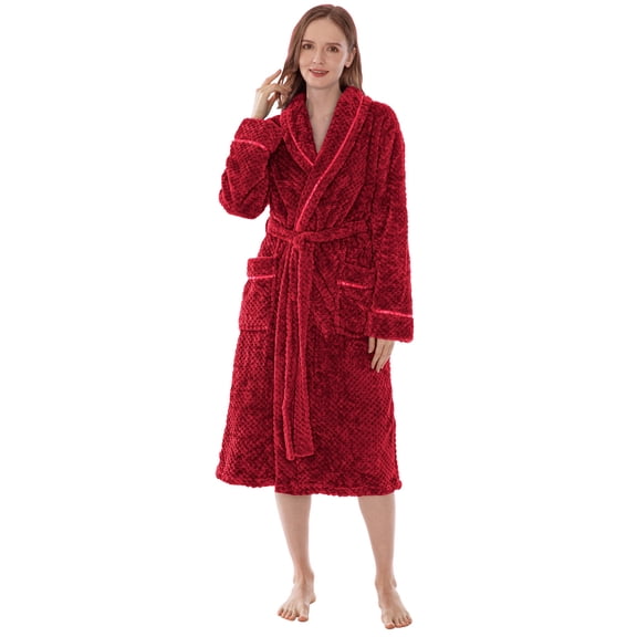 Women's Waffle Textured Satin Trim Fleece Robe (Wine, S/M)