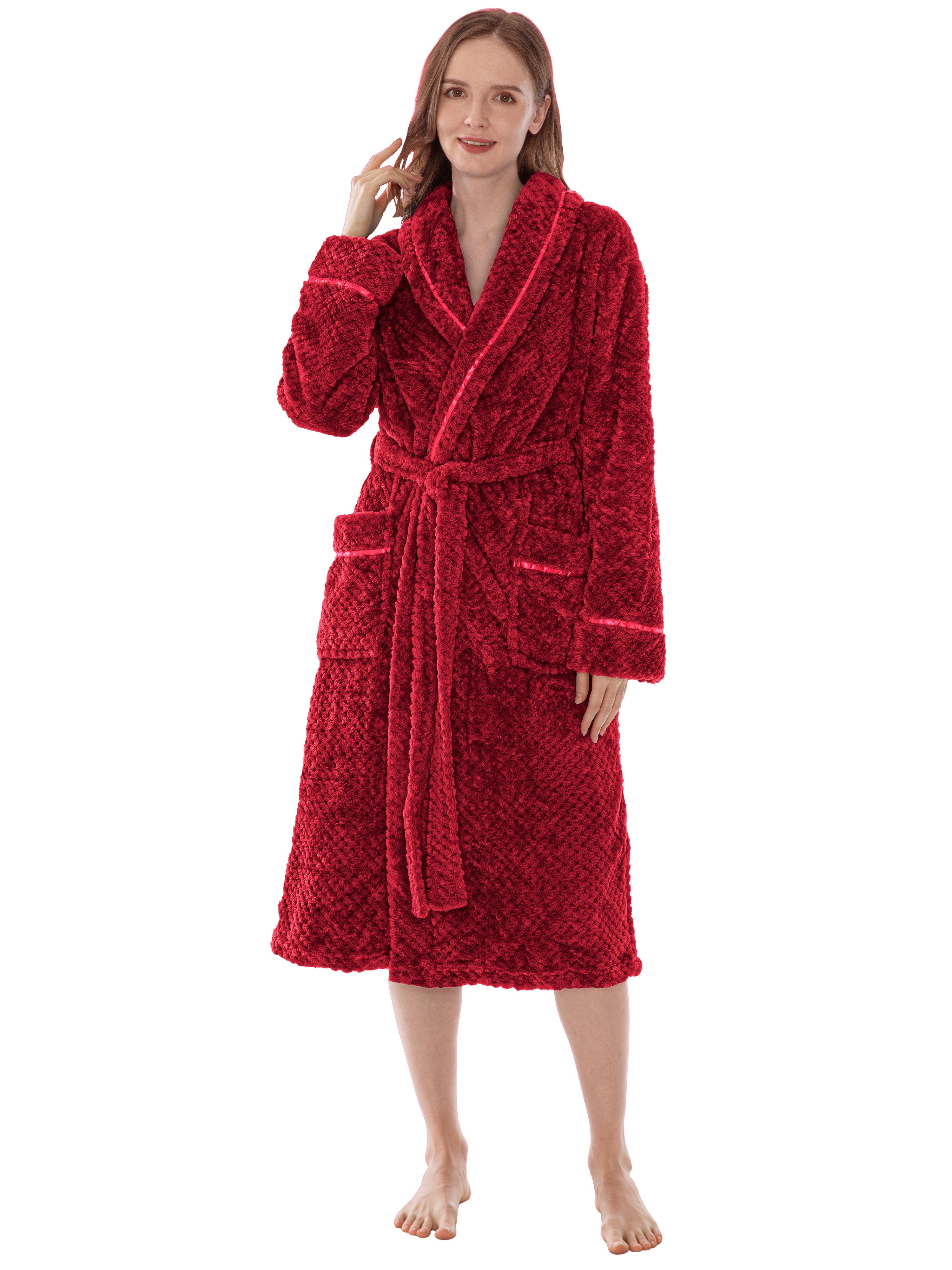 Wine Red Plush Fleece Bathrobe with Satin Trim, S/M