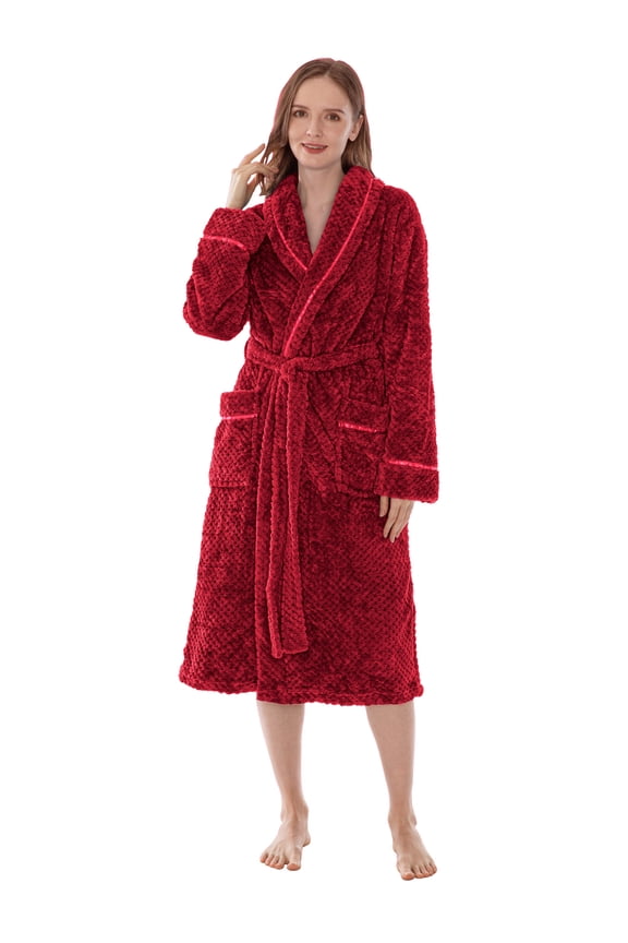 Plush Robe for Women, Soft Fleece Long Spa Robe, Ladies Bathrobe with Pockets, Warm Fuzzy Housecoat, Wine Red, S/M