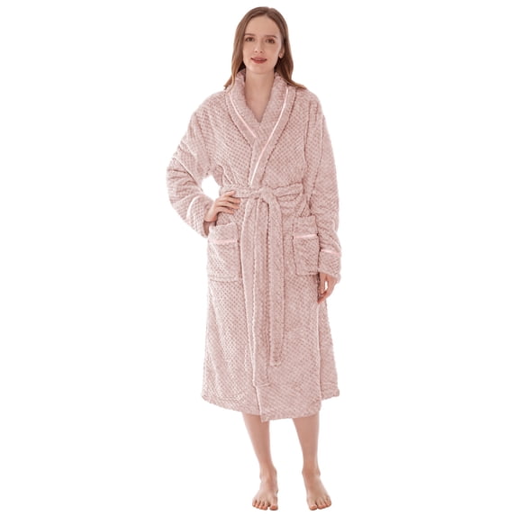 Women's Waffle Textured Satin Trim Fleece Robe (Nude, L/XL)