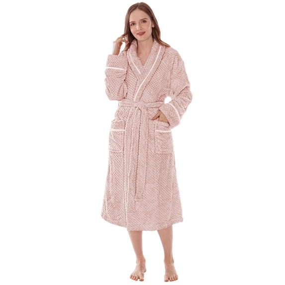PAVILIA Plush Robe for Women, Soft Fleece Long Spa Robe, Ladies Bathrobe with Pockets, Warm Fuzzy Housecoat, Tan Taupe, L/XL