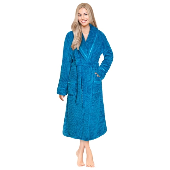 Women's Waffle Textured Satin Trim Fleece Robe (Sea Blue, L/XL (US 12-16))