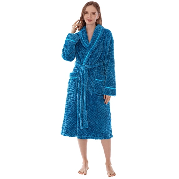 Women's Waffle Textured Satin Trim Fleece Robe (Sea Blue, S/M)