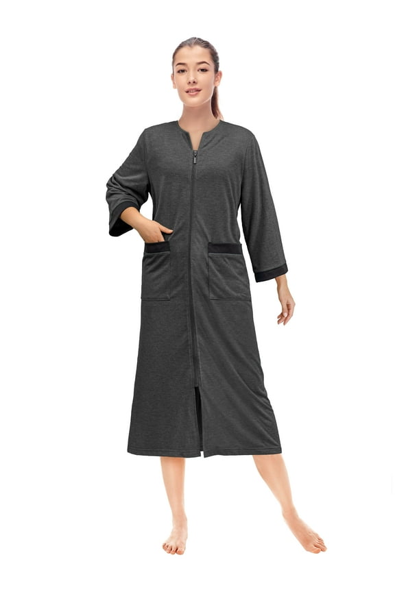 Women Zipper Robe, Loungewear Dress Lightweight Sleepwear Housecoat Nightgown Long Bathrobe, Contrast Trim Jersey Robe with Pockets (Black, 2XL-3XL)