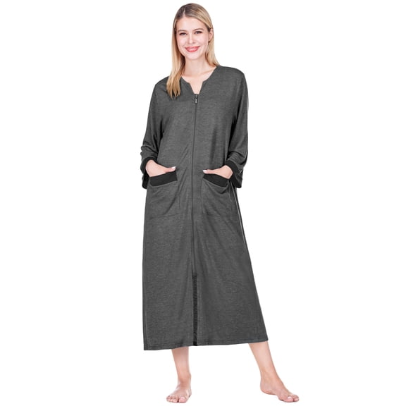 PAVILIA Premium Womens Robe Housecoat, 3/4 Sleeves Zip Up Nightgown For Women with Pockets, Soft Bathrobe Zipper Loungewear Dress Sleepwear (S/M, Black)
