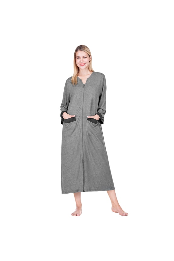 Premium Womens Robe Housecoat, 3/4 Sleeves Zip Up Nightgown For Women with Pockets, Soft Bathrobe Zipper Loungewear Dress Sleepwear (2XL/3XL, Grey)