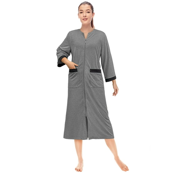 PAVILIA Women Zipper Robe, Loungewear Dress Lightweight Sleepwear Housecoat Nightgown Long Bathrobe, Contrast Trim Jersey Robe with Pockets (Gray, Small-Medium)