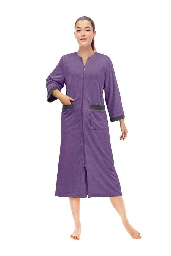 Women Zipper Robe, Loungewear Dress Lightweight Sleepwear Housecoat Nightgown Long Bathrobe, Contrast Trim Jersey Robe with Pockets (Purple, 2XL-3XL)