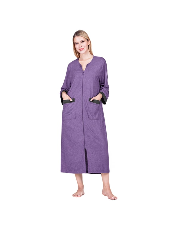 Zip Up Robes for Women 3/4 Sleeves Zipper Housecoat, S/M, Purple