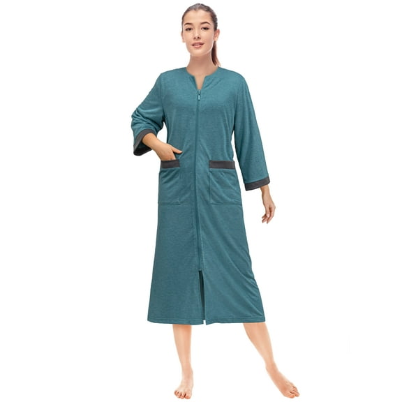 PAVILIA Women Zipper Robe, Loungewear Dress Lightweight Sleepwear Housecoat Nightgown Long Bathrobe, Contrast Trim Jersey Robe with Pockets (Sea Blue, 2XL-3XL)