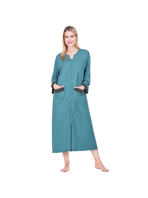 Zip Up Robes for Women 3/4 Sleeves Zipper Housecoat, L/XL, Sea Blue