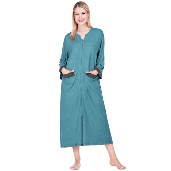 PAVILIA Premium Womens Robe Housecoat, 3/4 Sleeves Zip Up Nightgown For Women with Pockets, Soft Bathrobe Zipper Loungewear Dress Sleepwear (L/XL, Sea Blue)