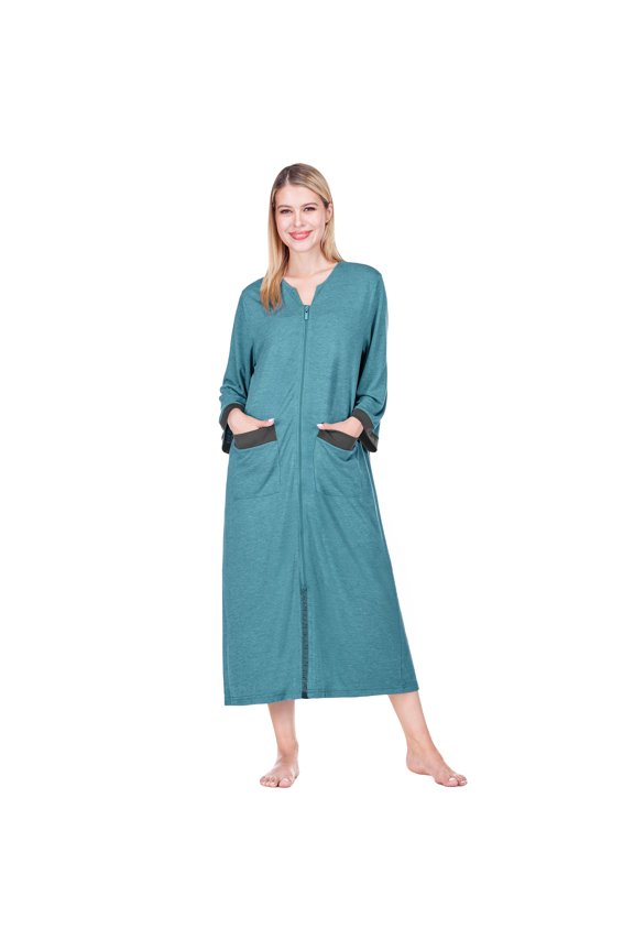 Premium Womens Robe Housecoat, 3/4 Sleeves Zip Up Nightgown For Women with Pockets, Soft Bathrobe Zipper Loungewear Dress Sleepwear (L/XL, Sea Blue)