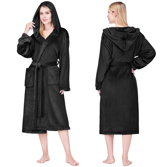 PAVILIA Womens Hooded Fleece Robe, Soft Plush Long Bathrobe, S/M, Black
