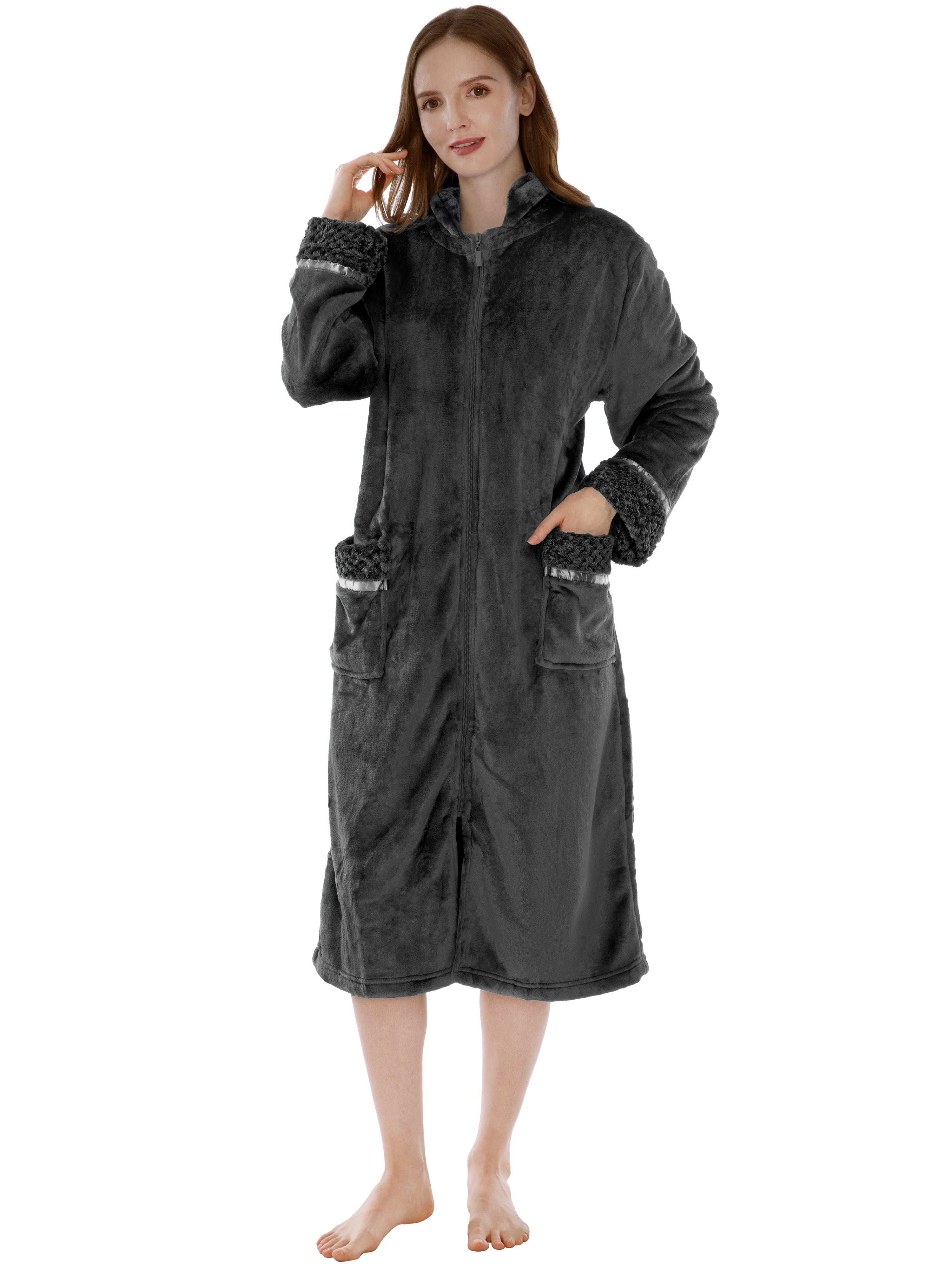 PAVILIA Womens Housecoat Zip Robe, Fleece Zip Up Front Robe Bathrobe, Plush Warm Zipper House