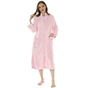 PAVILIA Womens Housecoat Zip Robe, Fleece Zip Up Front Robe Bathrobe, Plush Warm Zipper House Coat Lounger for Women Ladies Elderly with Satin Trim, Pockets, Long - Light Pink (Large/X-Large)