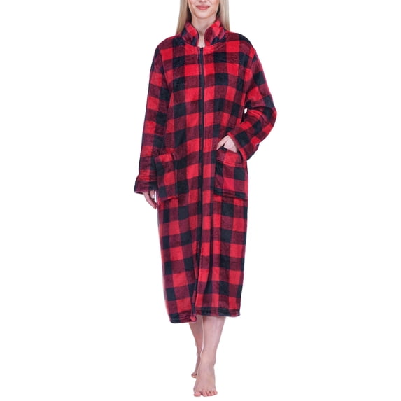 PAVILIA Womens Zip Up Robe with Pockets, Long Fleece Housecoat for Women, Plush Warm Zipper Robe Bathrobe, Soft Cozy Full Length Lounger House Coat, Buffalo Check Red Black (Small/Medium)