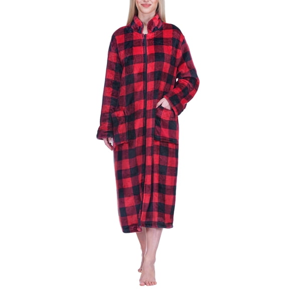 PAVILIA Womens Housecoat Zip Robe, Fleece Zip Up Front Plaid Robe Bathrobe, Plush Warm Zipper House Coat Lounger for Women Ladies Elderly with Pockets, Long - Buffalo Check Red Black (Large/X-Large)