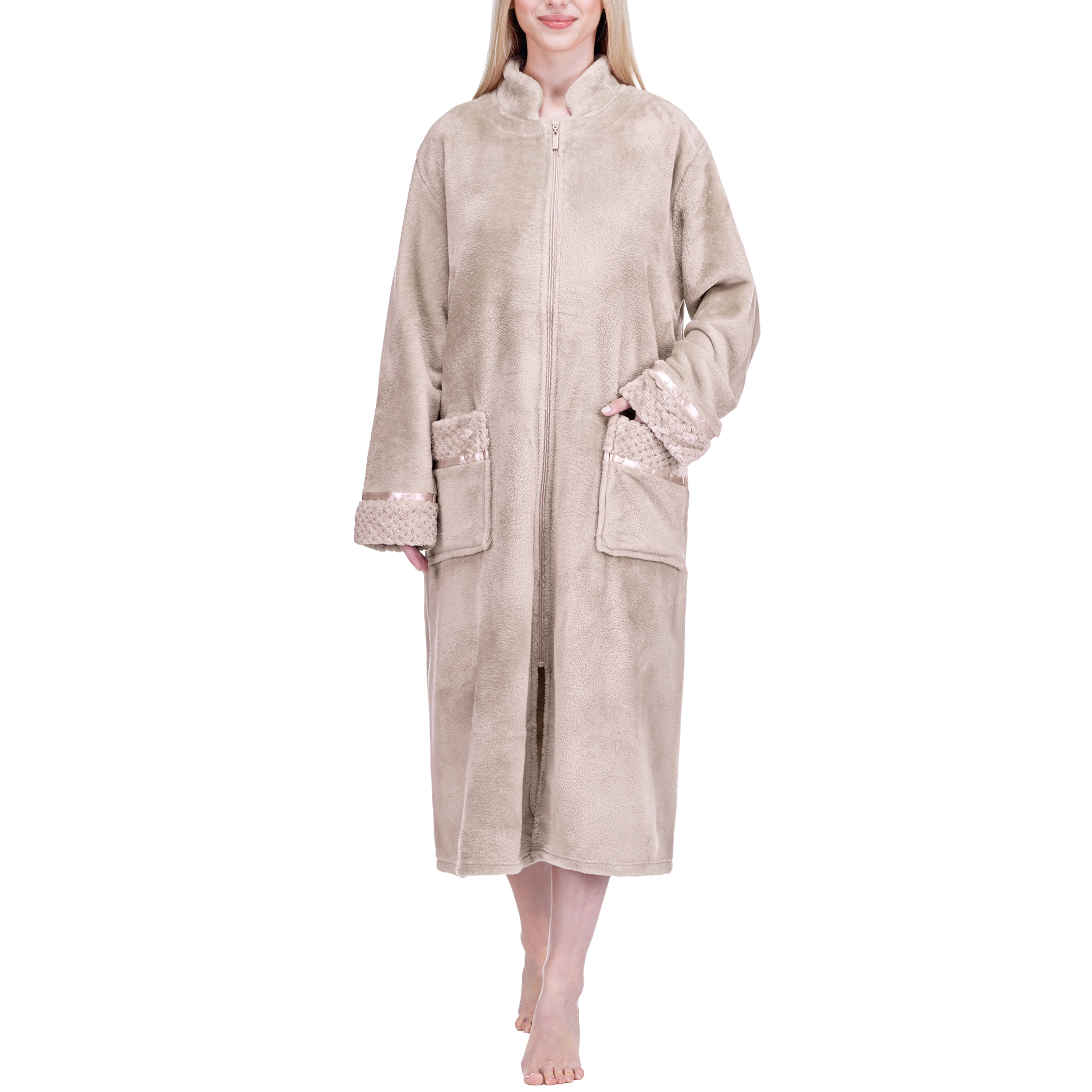 PAVILIA Womens Zip Robe, Long Plush Fleece with Satin Trim