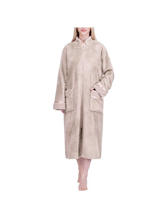Womens Zip Up Robe Fleece Housecoat Bathrobe Satin Trim, Taupe L/XL