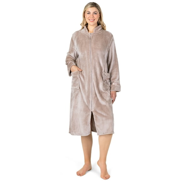 PAVILIA Womens Housecoat Zip Robe, Fleece Zip Up Front Robe Bathrobe, Plush Warm Zipper House Coat Lounger for Women Ladies Elderly with Satin Trim, Pockets, Long - Beige Taupe (Large/X-Large)