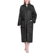 PAVILIA Womens Zip Up Robe with Pockets, Long Fleece Housecoat for Women, Plush Warm Zipper Robe Bathrobe with Satin Trim, Soft Cozy Full Length Lounger House Coat, Black (Small/Medium)