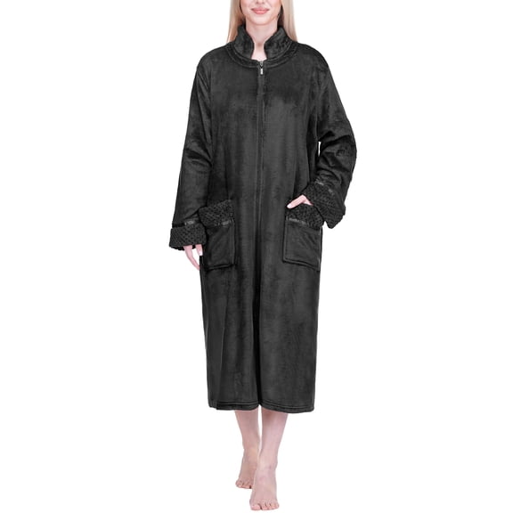PAVILIA Womens Housecoat Zip Robe, Fleece Zip Up Front Robe Bathrobe, Plush Warm Zipper House Coat Lounger for Women Ladies Elderly with Satin Trim, Pockets, Long - Black (Small/Medium)