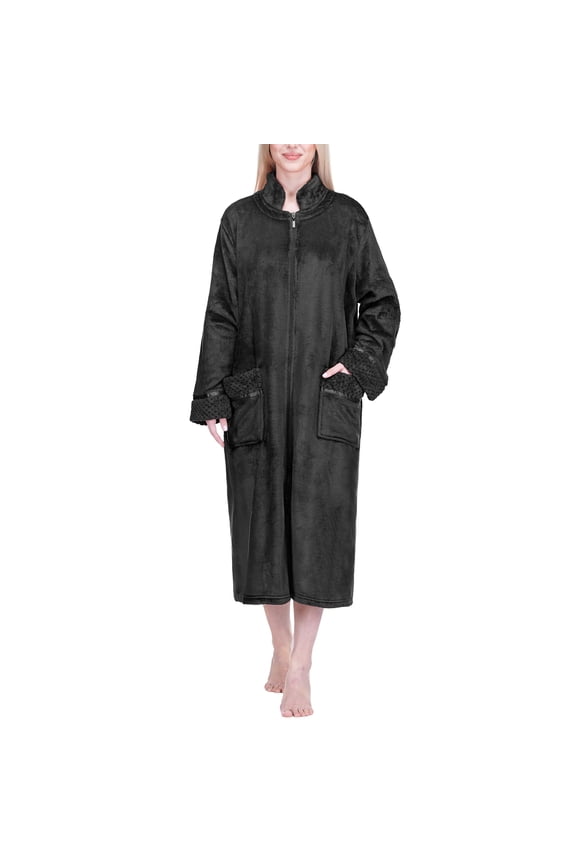 Womens Housecoat Zip Robe, Fleece Zip Up Front Robe Bathrobe, Plush Warm Zipper House Coat Lounger for Women Ladies Elderly with Satin Trim, Pockets, Long - Black (Small/Medium)