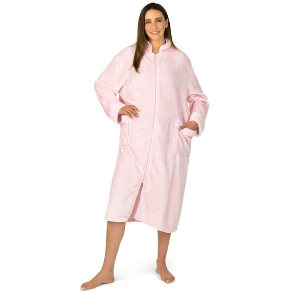 PAVILIA Womens Housecoat Zip Robe, Fleece Zip Up Front Robe Bathrobe, Plush Warm Zipper House Coat Lounger for Women Ladies Elderly with Satin Trim, Pockets, Long - Light Pink (Large/X-Large)