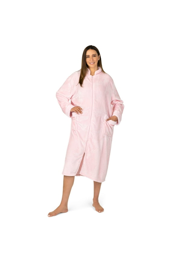 Womens Housecoat Zip Robe, Fleece Zip Up Front Robe Bathrobe, Plush Warm Zipper House Coat Lounger for Women Ladies Elderly with Satin Trim, Pockets, Long - Light Pink (Large/X-Large)