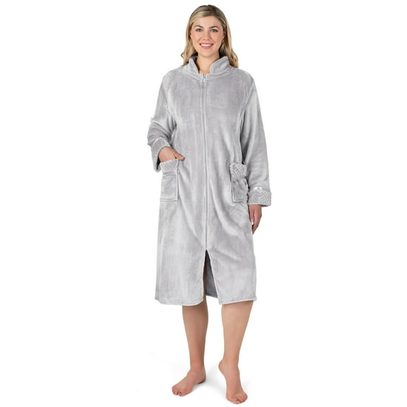 PAVILIA Womens Housecoat Zip Robe, Fleece Zip Up Front Robe Bathrobe, Plush Warm Zipper House Coat Lounger for Women Ladies Elderly with Satin Trim, Pockets, Long - Light Gray (Large/X-Large)