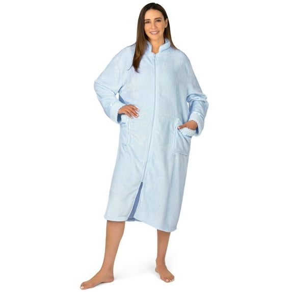 PAVILIA Womens Housecoat Zip Robe, Fleece Zip Up Front Robe Bathrobe, Plush Warm Zipper House Coat Lounger for Women Ladies Elderly with Satin Trim, Pockets, Long - Light Blue (Small/Medium)