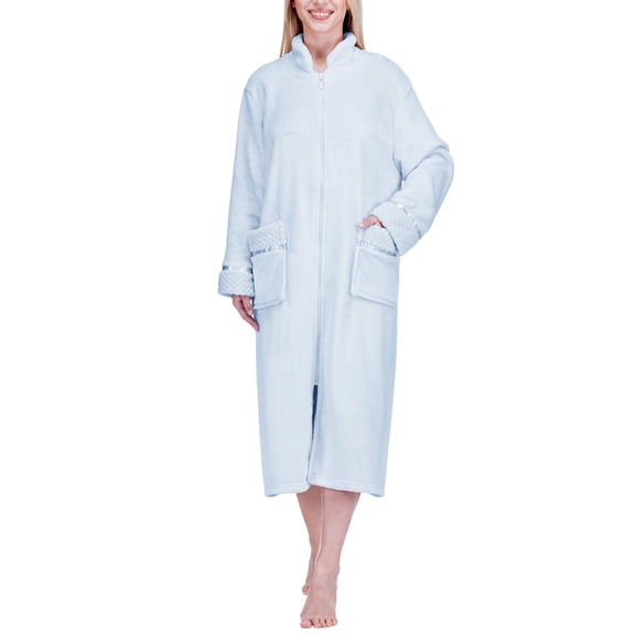 PAVILIA Womens Housecoat Zip Robe, Fleece Zip Up Front Robe Bathrobe, Plush Warm Zipper House Coat Lounger for Women Ladies Elderly with Satin Trim, Pockets, Long - Light Blue (Large/X-Large)