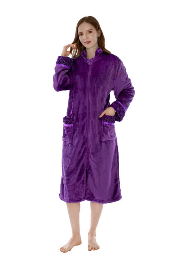 Womens Housecoat Zip Robe, Fleece Zip Up Front Robe Bathrobe, Plush Warm Zipper House Coat Lounger for Women Ladies Elderly with Satin Trim, Pockets, Long Plus Size - Purple (2x/3x)