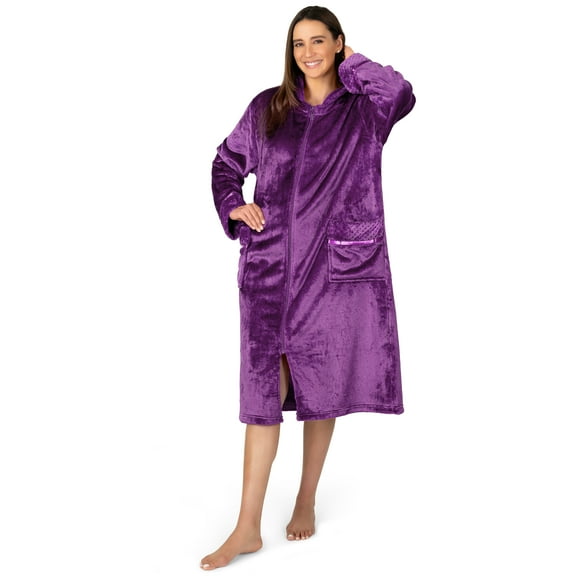 PAVILIA Womens Housecoat Zip Robe, Fleece Zip Up Front Robe Bathrobe, Plush Warm Zipper House Coat Lounger for Women Ladies Elderly with Satin Trim, Pockets, Long - Purple (Large/X-Large)