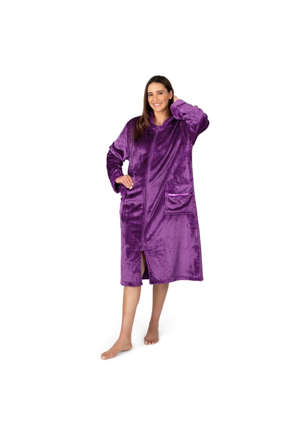 Womens Housecoat Zip Robe, Fleece Zip Up Front Robe Bathrobe, Plush Warm Zipper House Coat Lounger for Women Ladies Elderly with Satin Trim, Pockets, Long - Purple (Large/X-Large)