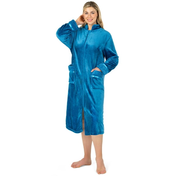 PAVILIA Womens Housecoat Zip Robe, Fleece Zip Up Front Robe Bathrobe, Plush Warm Zipper House Coat Lounger for Women Ladies Elderly with Satin Trim, Pockets, Long - Teal Sea Blue (Large/X-Large)