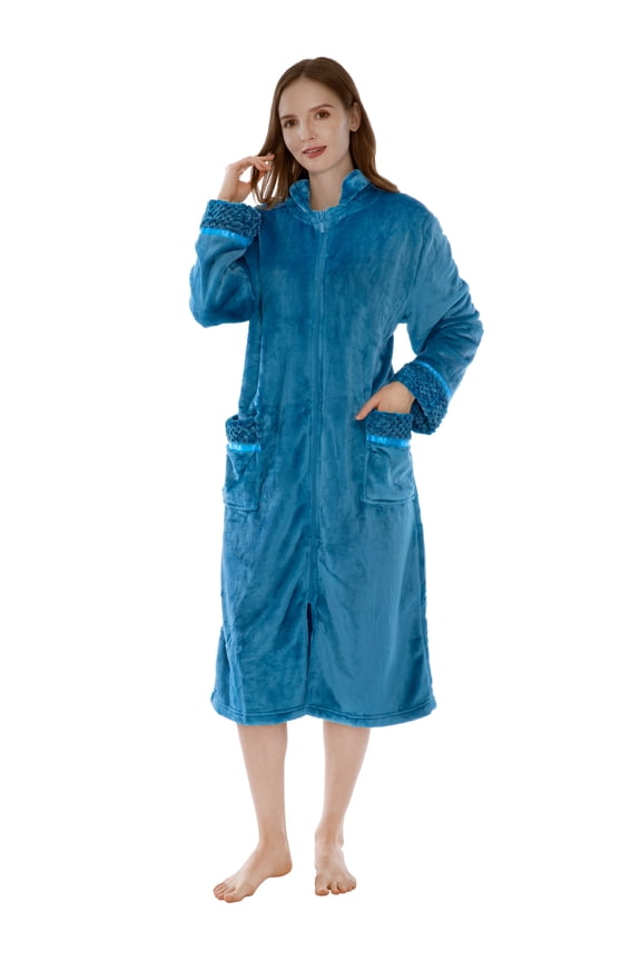 Womens Housecoat Zip Robe, Fleece Zip Up Front Robe Bathrobe, Plush Warm Zipper House Coat Lounger for Women Ladies Elderly with Satin Trim, Pockets, Long - Teal Sea Blue (Small/Medium)