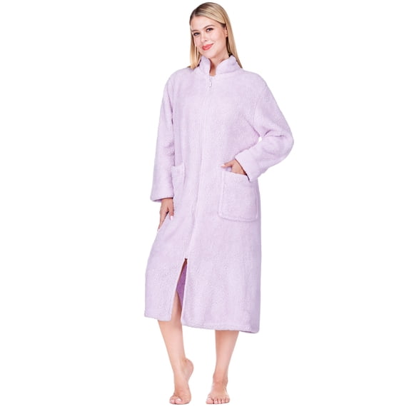 PAVILIA Womens Zip Up Robe, Sherpa Fleece Housecoat with Pockets, Fuzzy Warm Zipper House Coat for Women Elderly, Plush Soft Long Bathrobe Loungewear, Lavender Purple (Small/Medium)