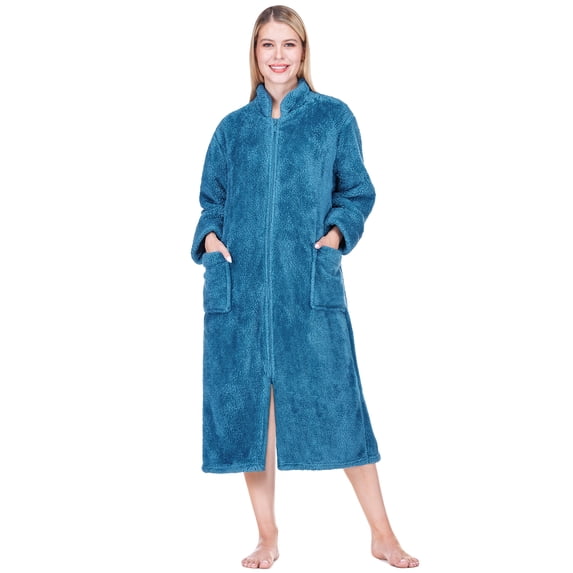 PAVILIA Womens Zip Up Robe, Sherpa Fleece Housecoat with Pockets, Fuzzy Warm Zipper House Coat for Women Elderly, Plush Soft Long Bathrobe Loungewear, Teal Sea Blue (Small/Medium)