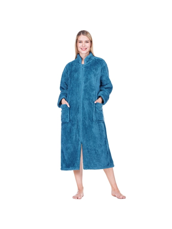 Womens Zip Up Robe, Sherpa Zipper Housecoat Bathrobe, Sea Blue L/XL