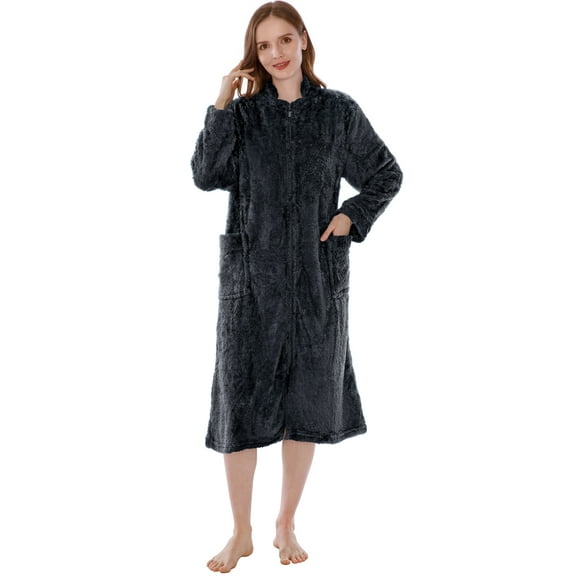 PAVILIA Womens Housecoat Zip Robe, Sherpa Zip Up Front Robe Bathrobe, Fuzzy Warm Zipper House Coat Lounger for Women Ladies Elderly with Pockets, Fluffy Fleece Long - Black (Small/Medium)
