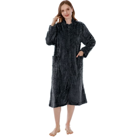 PAVILIA Womens Housecoat Zip Robe, Sherpa Zip Up Front Robe Bathrobe, Fuzzy Warm Zipper House Coat Lounger for Women Ladies Elderly with Pockets, Fluffy Fleece Long - Black (Small/Medium)