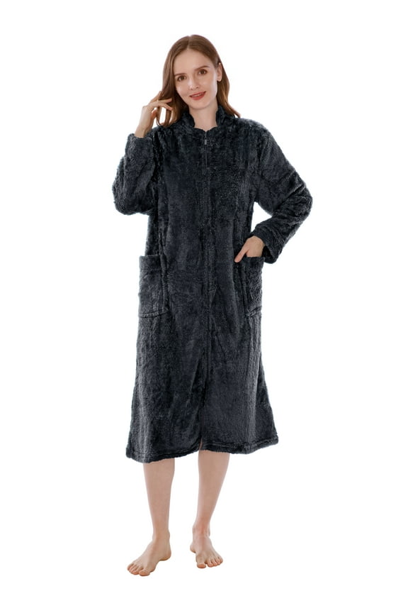 Womens Housecoat Zip Robe, Sherpa Zip Up Front Robe Bathrobe, Fuzzy Warm Zipper House Coat Lounger for Women Ladies Elderly with Pockets, Fluffy Fleece Long - Black (Small/Medium)