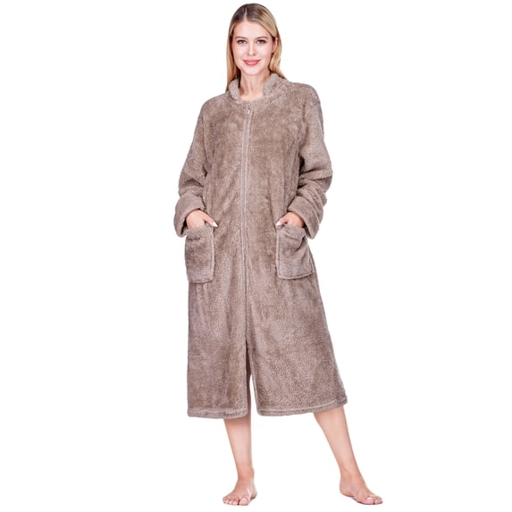 PAVILIA Womens Housecoat Zip Robe, Sherpa Zip Up Front Robe Bathrobe, Fuzzy Warm Zipper House Coat Lounger for Women Ladies Elderly with Pockets, Fluffy Fleece Long - Beige Taupe (Large/X-Large)