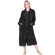 PAVILIA Womens Zip Up Robe, Sherpa Fleece Housecoat with Pockets, Fuzzy Warm Zipper House Coat for Women Elderly, Plush Soft Long Bathrobe Loungewear, Black (Small/Medium)
