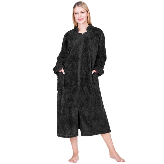 PAVILIA Womens Zip Up Robe, Sherpa Fleece Housecoat with Pockets, Fuzzy Warm Zipper House Coat for Women Elderly, Plush Soft Long Bathrobe Loungewear, Black (Small/Medium)