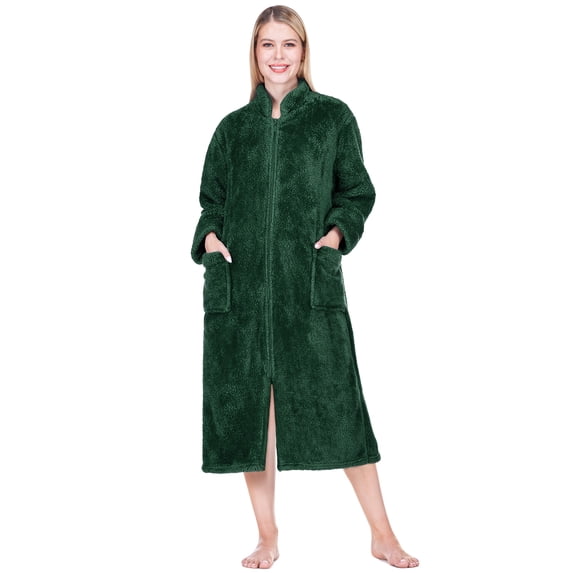 PAVILIA Womens Housecoat Zip Robe, Sherpa Zip Up Front Robe Bathrobe, Fuzzy Warm Zipper House Coat Lounger for Women Ladies Elderly with Pockets, Fluffy Fleece Long - Emerald Green (Small/Medium)