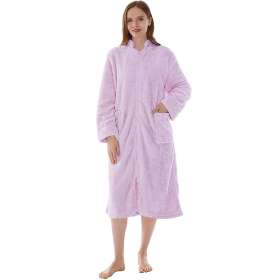PAVILIA Womens Housecoat Zip Robe, Sherpa Zip Up Front Robe Bathrobe, Fuzzy Warm Zipper House Coat Lounger for Women Ladies Elderly with Pockets, Fluffy Fleece Long - Lavender Purple (Large/X-Large)