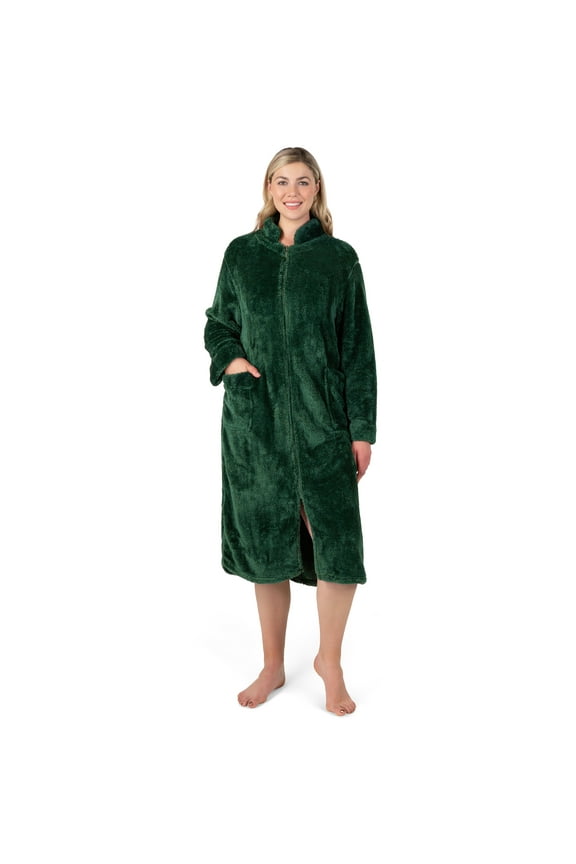 Womens Housecoat Zip Robe, Sherpa Zip Up Front Robe Bathrobe, Fuzzy Warm Zipper House Coat Lounger for Women Ladies Elderly with Pockets, Fluffy Fleece Long - Emerald Green (Small/Medium)